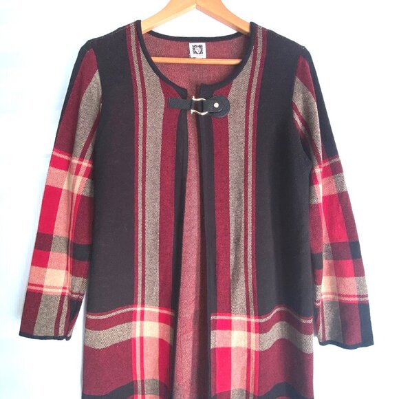 size M Vtg Anne Klein plaid open front long cardigan nova check black red sweate - Picture 5 of 9